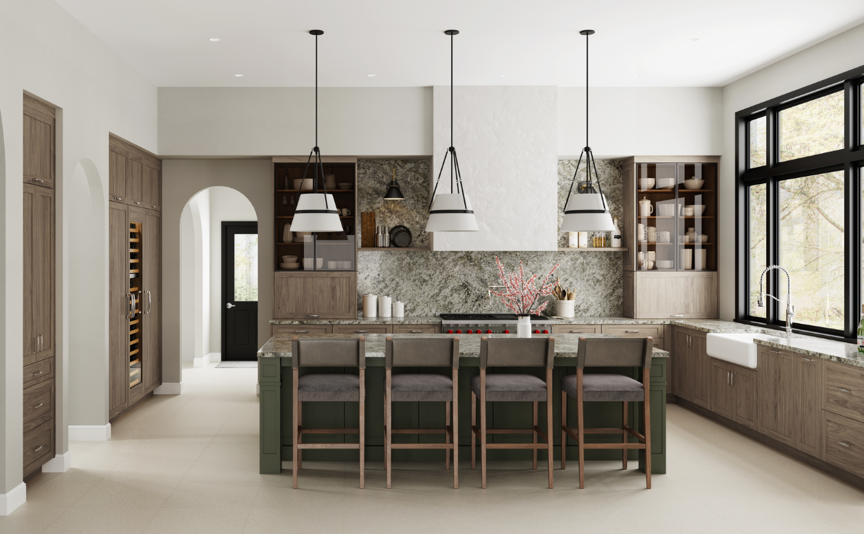 Kitchen with green island and marble tile backsplash