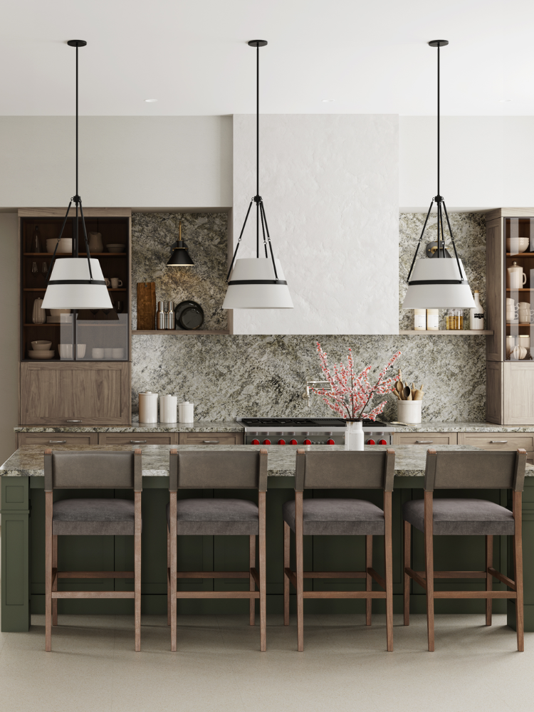 Kitchen with green island and marble tile backsplash