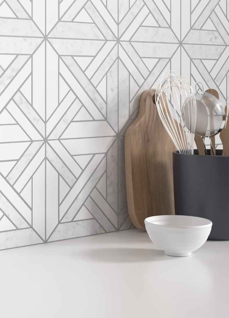 geometric backsplash in kitchen in a neutral palette